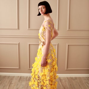 Gown, 3D Yellow Petals Embroidered