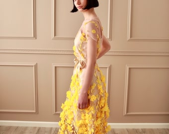 Gown, 3D Yellow Petals Embroidered