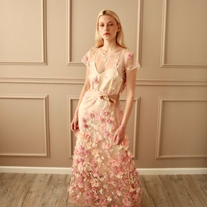 3D pink petals embroidery dress