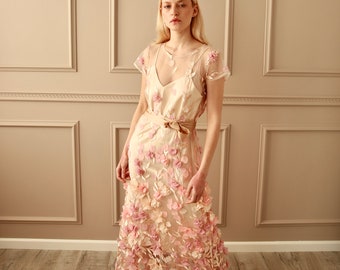 3D pink petals embroidery dress