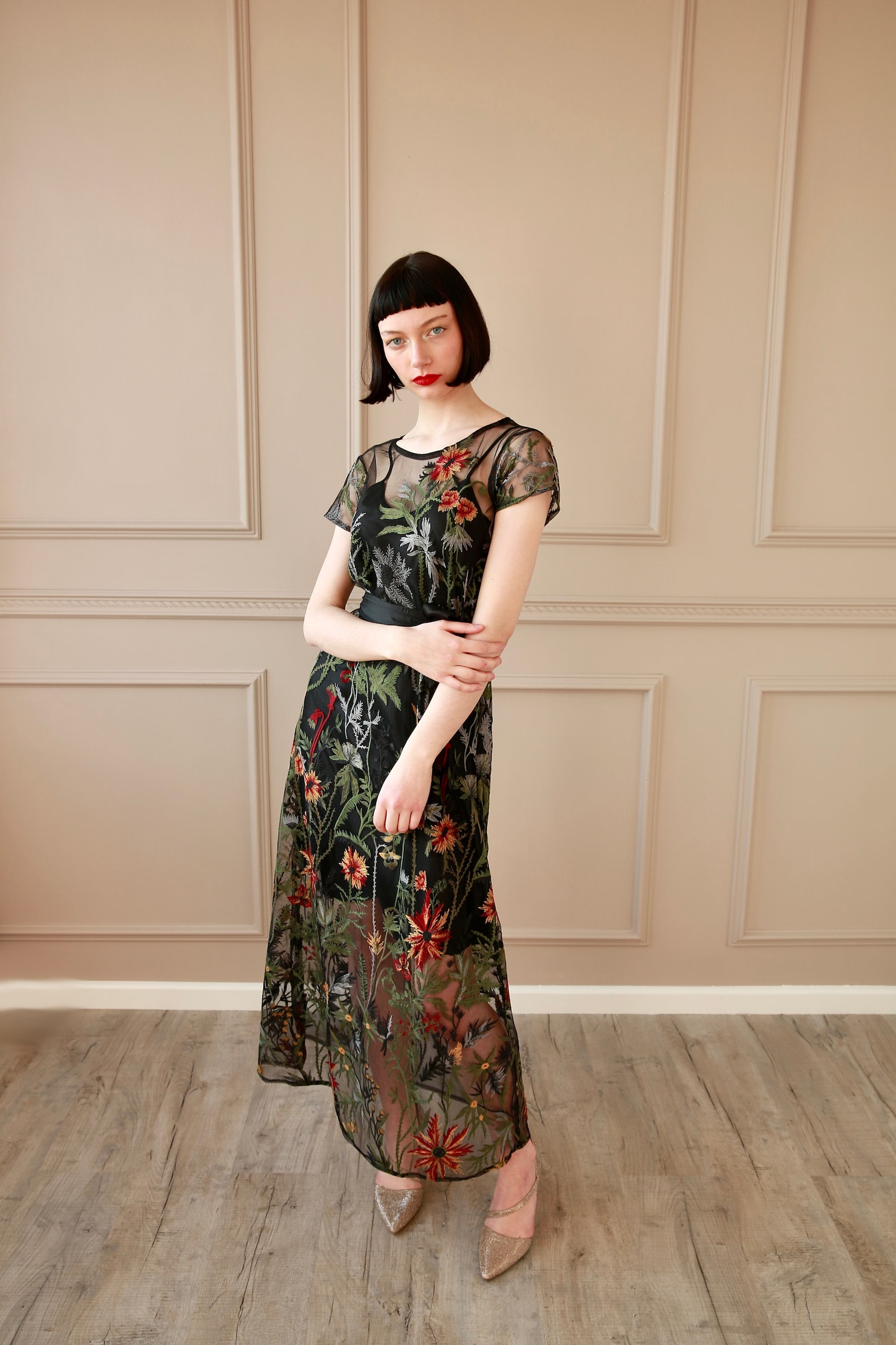 Vintage Inspired Wildflower Floral Embroidery Off-The-Shoulder Evening Dress main image 0