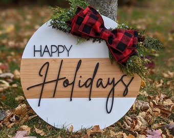 Happy Holidays Raised Letter Round Wood Door Hanger, Door Decor, Wood Sign, Merry Christmas,3D