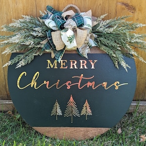 Merry Christmas Door Wreath, Door Decor, Door Hanger, Round, Holidays, Gold Acrylic and Dark Green