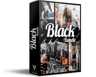 May include: Black and white product packaging with the text "Black Bundle" and a graphic of a city skyline. The packaging includes 5 collections of Lightroom presets.