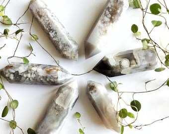 May include: Six grey and white agate crystal points arranged in a star shape on a white background with green vines.