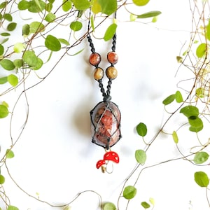 Fire Quartz/Hematoid Quartz Macrame Crystal Necklace with Golden Healer Beads and Toadstool Charm