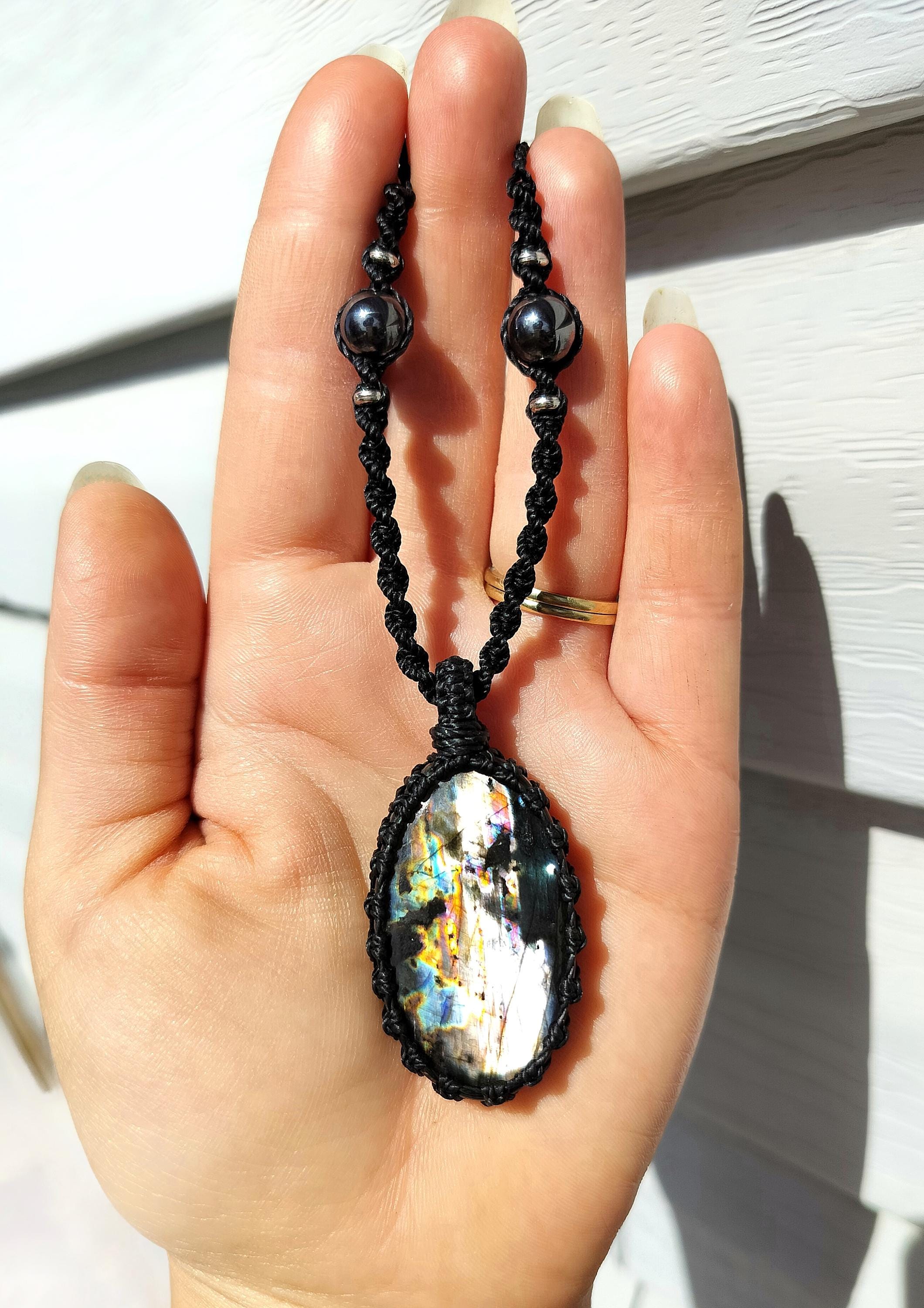 Lavender Rainbow Labradorite Macrame Crystal Necklace with Hematite Beads