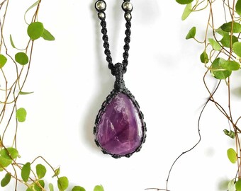 Amethyst Macrame Crystal Necklace with Silver Beads