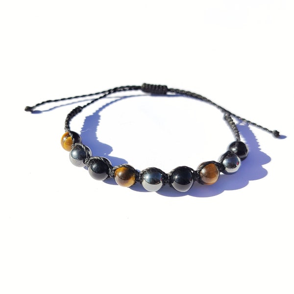 Triple Protection Macrame Crystal Bracelet: Tiger's Eye, Hematite, Obsidian