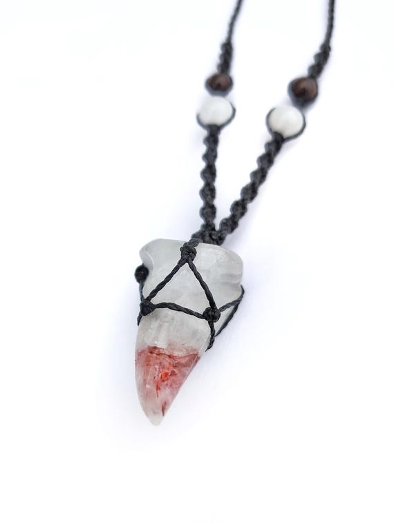 Fire Quartz Raven Skull Macrame Crystal Necklace with Moonstone and Garnet Beads
