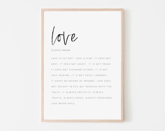 Liefde definitie afdrukbare kunst, liefde definitie teken, 1 Korintiërs 13 liefde bijbel vers, home wall art, romantisch decor, liefde citaat afdrukbaar