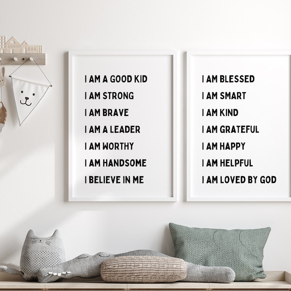 Set of 2 Affirmations for Boys, Kids Room Décor, Minimalist Kids Wall Art, Playroom Prints