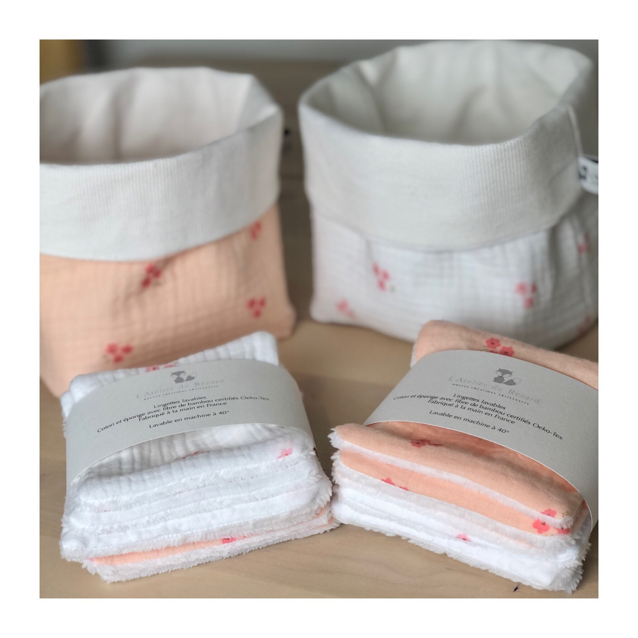 Ensemble Panière/Lingettes Lavables Éponge Bambou - Double Gaze Oekotex.