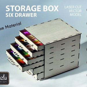 May include: A six-drawer storage box made from 3mm material. The box is made of wood and has a light brown colour. The drawers are all open and show various colourful items inside. The box is labelled "STORAGE BOX SIX DRAWER" and "3mm Material". The image also includes a list of file formats: CDR, DXF, SVG, AI, EPS, and PDF.