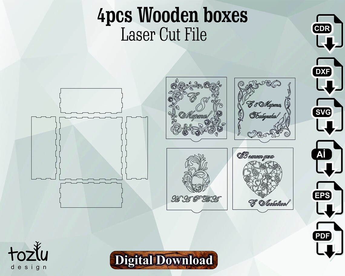 Laser Cut 4pcs Wooden Boxes Vector File Svg Cdr Dxf Ai Pdf Eps | Etsy