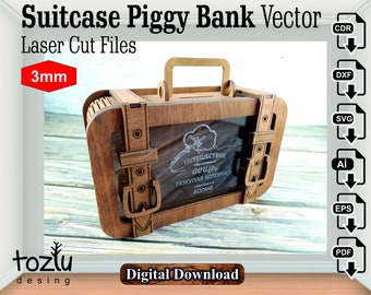 Laser Cut Suitcase Piggy Bank Vector File Digital Download Cdr Svg Dxf