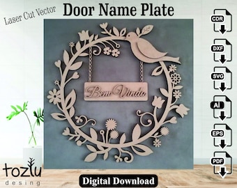 Archivo vectorial cortado con láser de placa de nombre de puerta de madera