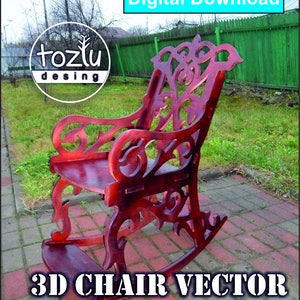 Puede incluir: Un diseño vectorial de silla mecedora ornamental, de color marrón rojizo, descargable digitalmente. La silla presenta intrincados adornos y un respaldo y brazos curvos. El texto de la imagen dice "3D CHAIR VECTOR" y "PDF-DXF-CDR-SVG-AI". Las palabras "Digital Download" también son visibles.