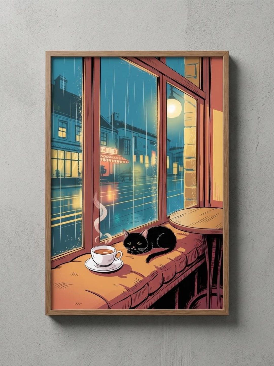 Cozy Rainy Day Cafe Ghibli Art | Sleeping Cat Wall Decor Print ...