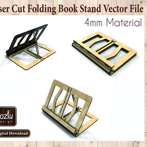May include: A laser-cut folding book stand made of 4mm material. The stand is shown in three different views: open, folded, and angled. The design includes the text "Laser Cut Folding Book Stand Vector File" and "4mm Material". The image also includes the "tozlu design" logo and file type icons.