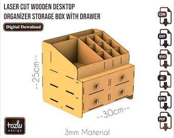 Laser Cut Wooden Desktop Organizer Storage Box With Drawer 3mm Svg Dxf Pdf Ai Cdr Vector File Digital INSTANT DOWNLOAD