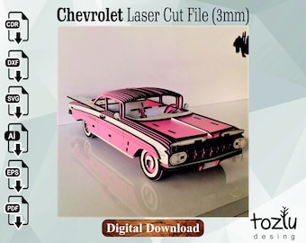 May include: A pink and black Chevrolet car laser cut file for 3mm material. The file is available for download in CDR, DXF, SVG, AI, EPS, and PDF formats.