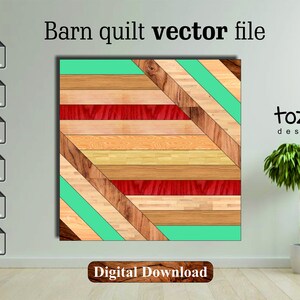 Pode incluir: Download digital de um arquivo vetorial para um design de colcha de celeiro. A colcha é feita de vários tons de madeira com acentos verdes. O design é geométrico e apresenta um padrão repetitivo de linhas diagonais. O arquivo está disponível nos formatos CDR, DXF, SVG, AI, EPS e PDF.