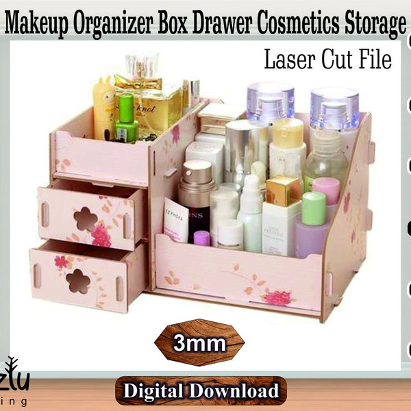 Wooden Makeup Organizer Box Laser Cut Drawer Cosmetics Storage Vector File Svg Cdr Dxf