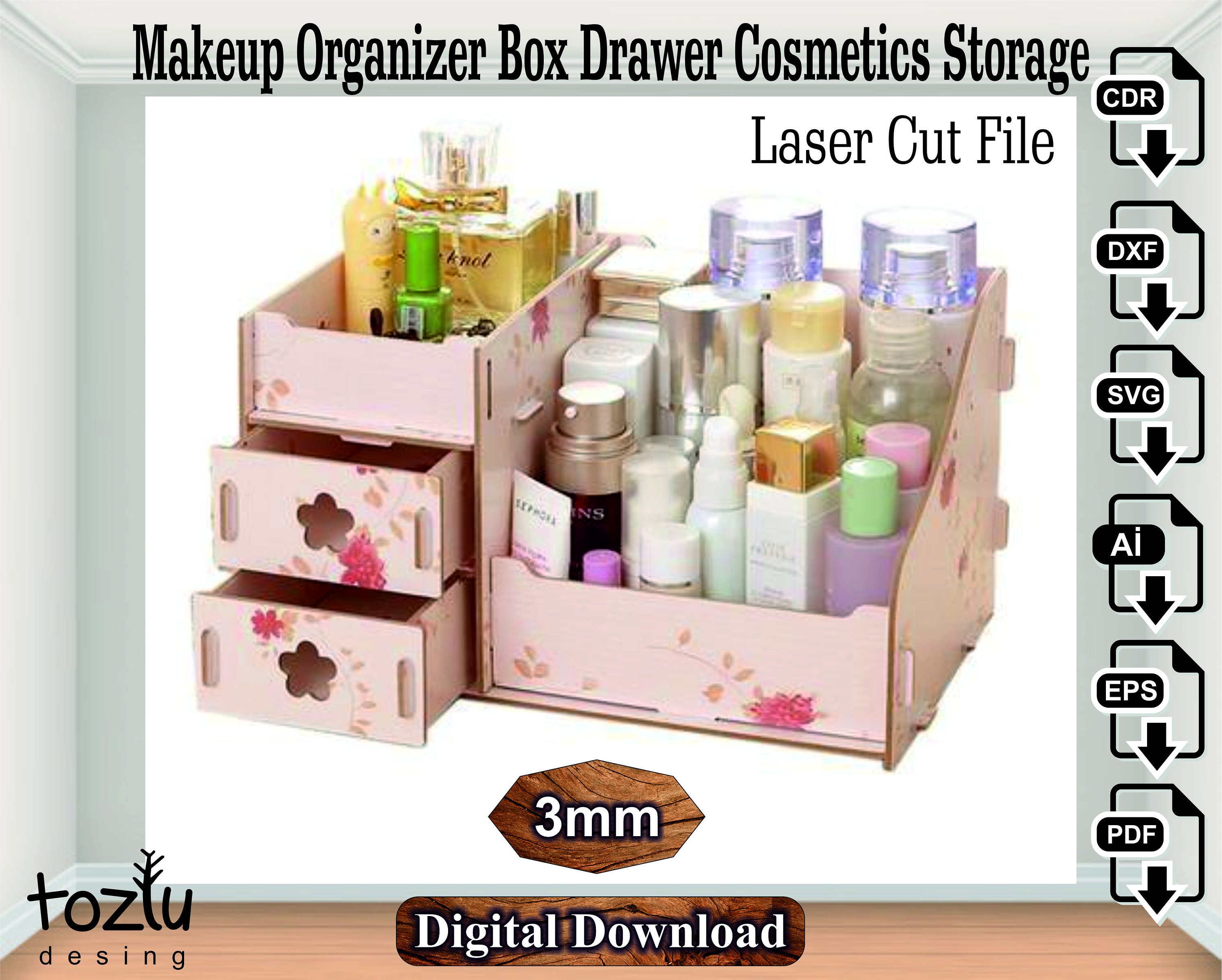 Wooden Makeup Organizer Box Laser Cut Drawer Cosmetics Storage 