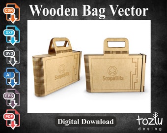 May include: A digital download of a vector file for a wooden bag with a handle. The bag is brown and has a logo that says "ScopaBits".