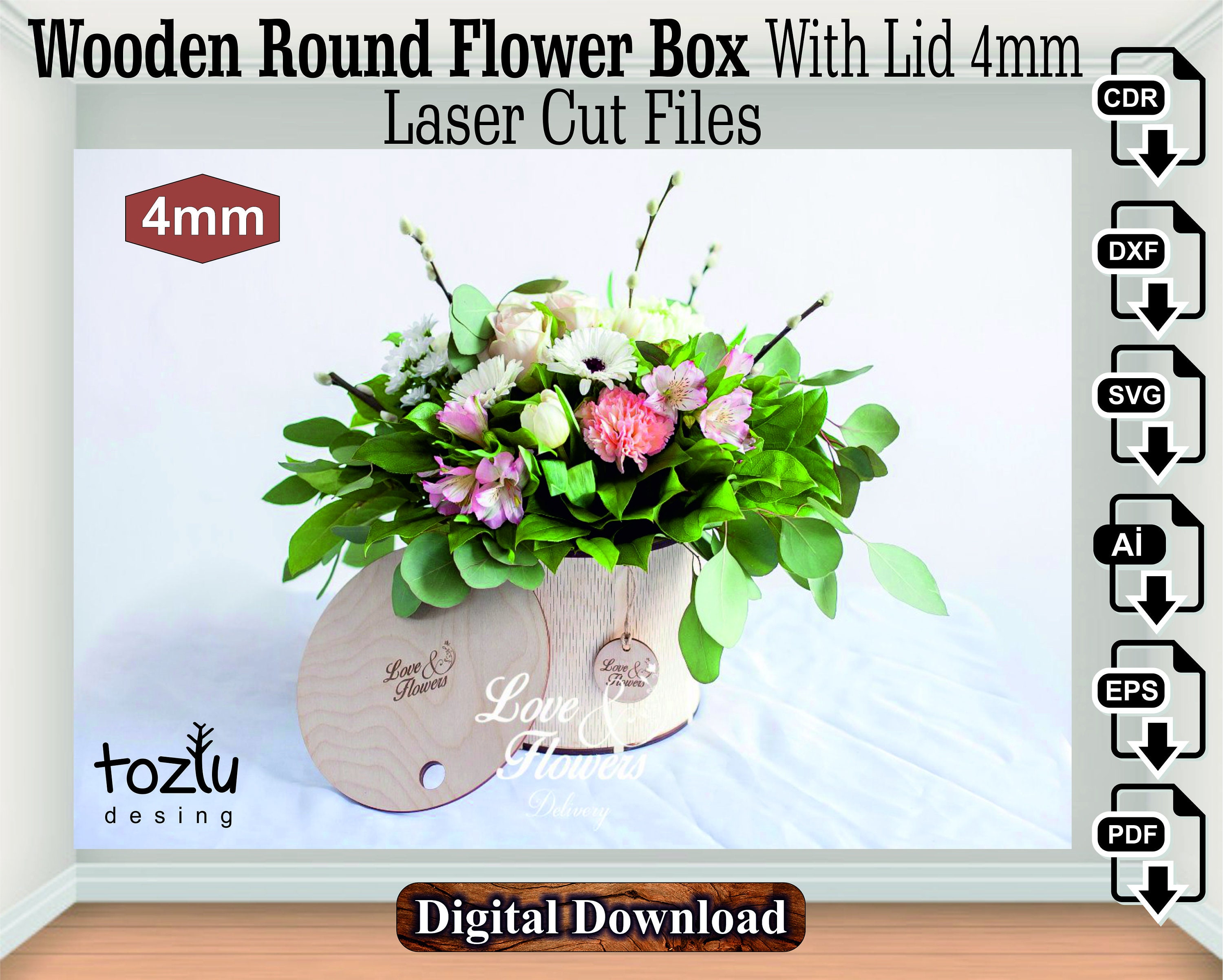 Laser Cut Wooden Round Flower Box With Lid 4mm Vector File Svg Cdr Dxf ...