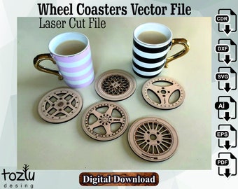 May include: Five wooden coasters featuring a car wheel design. The coasters are on a light brown surface. Two mugs are in the background, one with pink and white stripes and the other with black and white stripes. The text "Wheel Coasters Vector File" and "Laser Cut File" is at the top of the image. The text "Digital Download" is at the bottom of the image. The text "CDR, DXF, SVG, AI, EPS, PDF" is on the right side of the image.