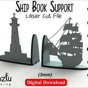 Puede incluir: Archivo de corte láser para un sujetalibros con un faro y un barco. El sujetalibros está hecho de madera y tiene un grosor de 3 mm. El archivo está disponible para descargar en una variedad de formatos, incluidos CDR, DXF, SVG, AI, EPS y PDF.