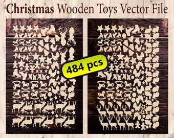 May include: A set of 484 Christmas wooden toy vector files. The image shows a variety of toys, including reindeer, stars, rocking horses, and gingerbread men. The toys are all white and are set against a dark brown wooden background.