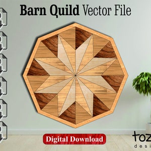 May include: A digital download of a vector file for a geometric design featuring a starburst pattern in shades of brown and beige. The design is reminiscent of a quilt or a wooden inlay. The text "Barn Quilt Vector File" and "Digital Download" is visible in the image.