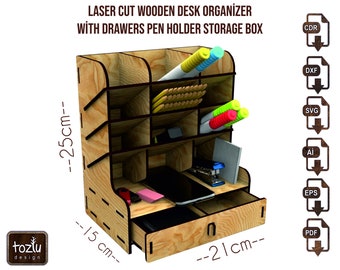 Laser Cut Wooden Desk Organizer With Drawers Pen Holder Storage Box Svg Dxf Pdf Ai Cdr Vector File Digital INSTANT DOWNLOAD