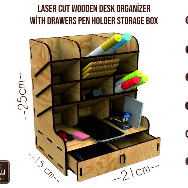 Laser Cut Wooden Desk Organizer With Drawers Pen Holder Storage Box Svg Dxf Pdf Ai Cdr Vector File Digital INSTANT DOWNLOAD