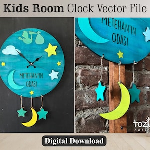 Pode incluir: Um relógio de madeira azul e verde com uma lua crescente, estrelas e nuvens. O mostrador do relógio diz "Metehan'in Odasi", que se traduz como "O quarto do Metehan".