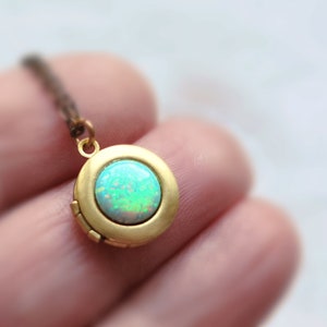 Green opal locket, Opal jewelry, Fire opal necklace, Small locket, Man-made opal jewelry, Gift for friend, Anniversary gift, Gift for friend