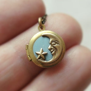 Moon locket, Celestial Locked necklace, Star Small locket, Star and Moon jewelry, Tiny brass locket, Birthday gift for women