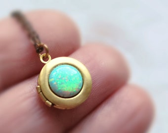 Green opal locket, Opal jewelry, Fire opal necklace, Small locket, Man-made opal jewelry, Gift for friend, Anniversary gift, Gift for friend