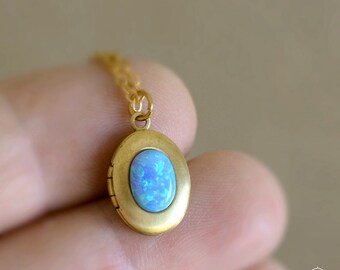 Blue opal necklace, Tiny locket,  necklace, Man-made opal, Gift for friend, Anniversary gift, Gift for mom, , Romantic gift