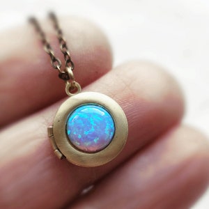 Fire opal necklace, Blue opal locket, Opal jewelry, Small photo locket, lab created opal jewelry, Gift for friend, Anniversary gift