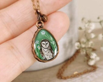 Owl necklace, Miniature Handmade jewelry, Forest witch jewelry, Unique gift for friend, Birthday gift for sister, Original painting