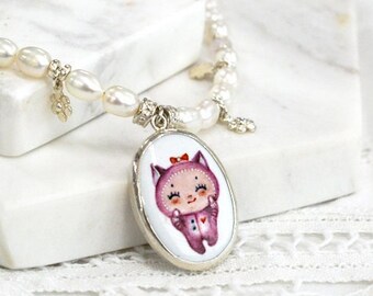 ENAMEL Pink cute necklace, Natural freshwater pearls pendant choker, Hand-painted Coquette Kawaii Pastel Goth jewelry, Gift for her