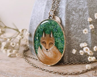 Fox jewelry, Statement pendant, Nature lover gift,  Handmade jewelry, Unique miniature painting, Gift for mom, Birthday Gift for friend