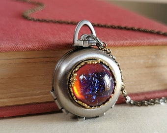 Goth jewelry, Dark Academia Gothic locket with photos, Mystic jewelry Dragons breath necklace, 4 photo locket, Gift for friend, Gift for her