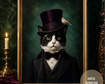 May include: A framed portrait of a black and white cat wearing a dark purple top hat, a black bowtie, and a monocle. A small bird is perched on the brim of the hat. The cat is dressed in a formal dark suit jacket and a white collared shirt.
