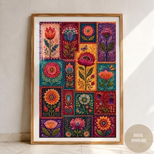 Può includere: Una stampa artistica da parete rettangolare in una cornice di legno che presenta una griglia di illustrazioni floreali colorate. L'opera mostra vari fiori nelle tonalità del rosso, arancione, giallo, blu e viola, disposti in pannelli.