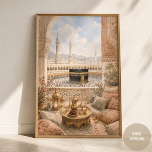 May include: A vertical wall art print depicting a view of the Kaaba in Mecca from a balcony. The scene features a gold coffee set on a round table, ornate lanterns, and patterned cushions. The background shows the mosque architecture and sky.